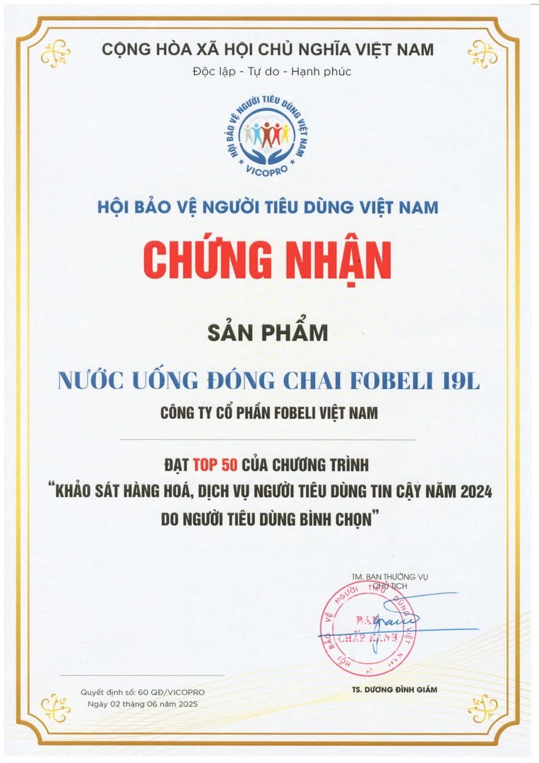 Tiêu chuẩn và chứng nhận cho bình nước tinh khiết Fobeli 19L